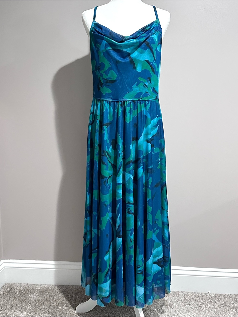 BTFBM Blue Teal Floral Cowl Neck Maxi Dress